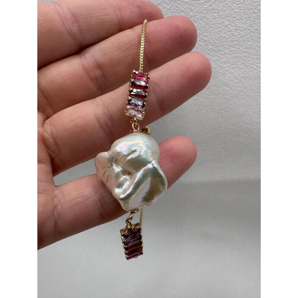 Adjustable White Baroque Pearl Bracelet With Chain and Rainbow Zircon